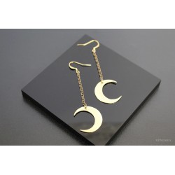 Boucles d'oreilles "Lune" en laiton, gravées avec chaînette