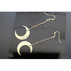 Boucles d'oreilles "Lune" en laiton, gravées avec chaînette