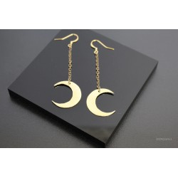 Boucles d'oreilles "Lune" en laiton, gravées avec chaînette
